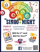 Event flyer for Singo Night featuring colorful bingo balls, music notes, a silent auction icon, and a trophy. It includes the West Central Heat Parent Teacher Committee logo and a burger icon, signifying a community dinner and game night.